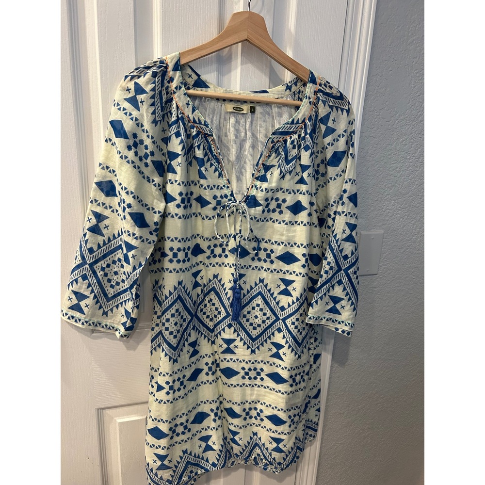 Dolma Womens Blue White Geometric Tribal Print Tassel Tie Boho Tunic Dress Large
